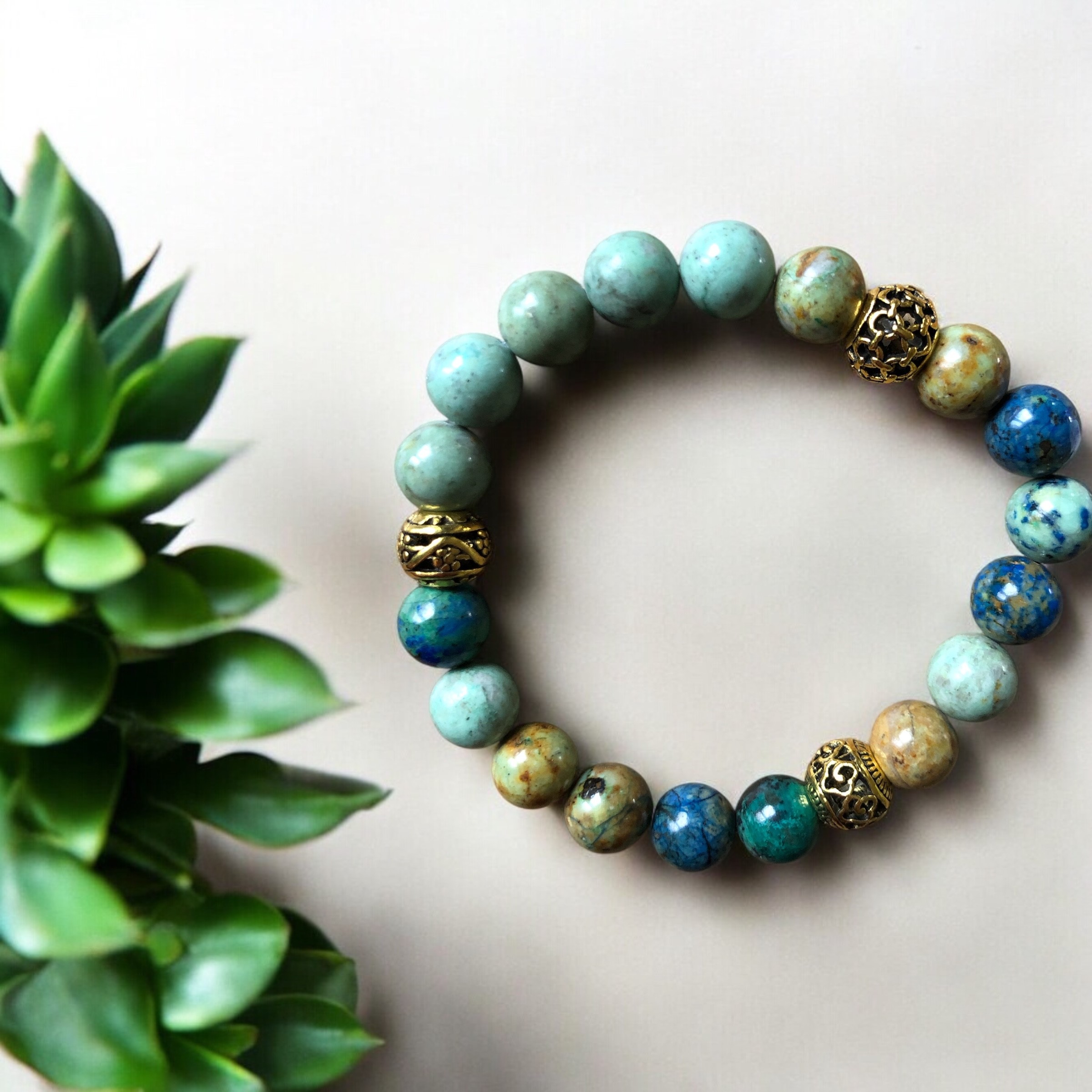 BRACELET BOULE 10MM AZURITE MALACHITE NATURELLE MEXIQUE AB (Grande taille)