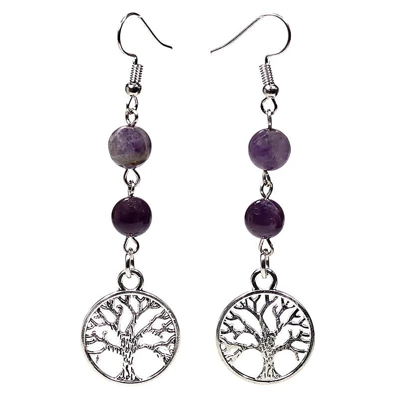 BOUCLES D'OREILLES FLUORITE/AMETHYSTE ARBRE DE VIE