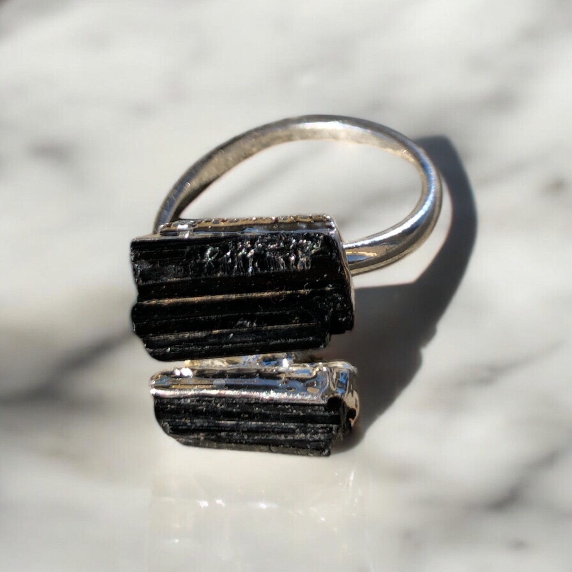 BAGUE DOUBLE PIERRE TOURMALINE PLAQUE ARGENT